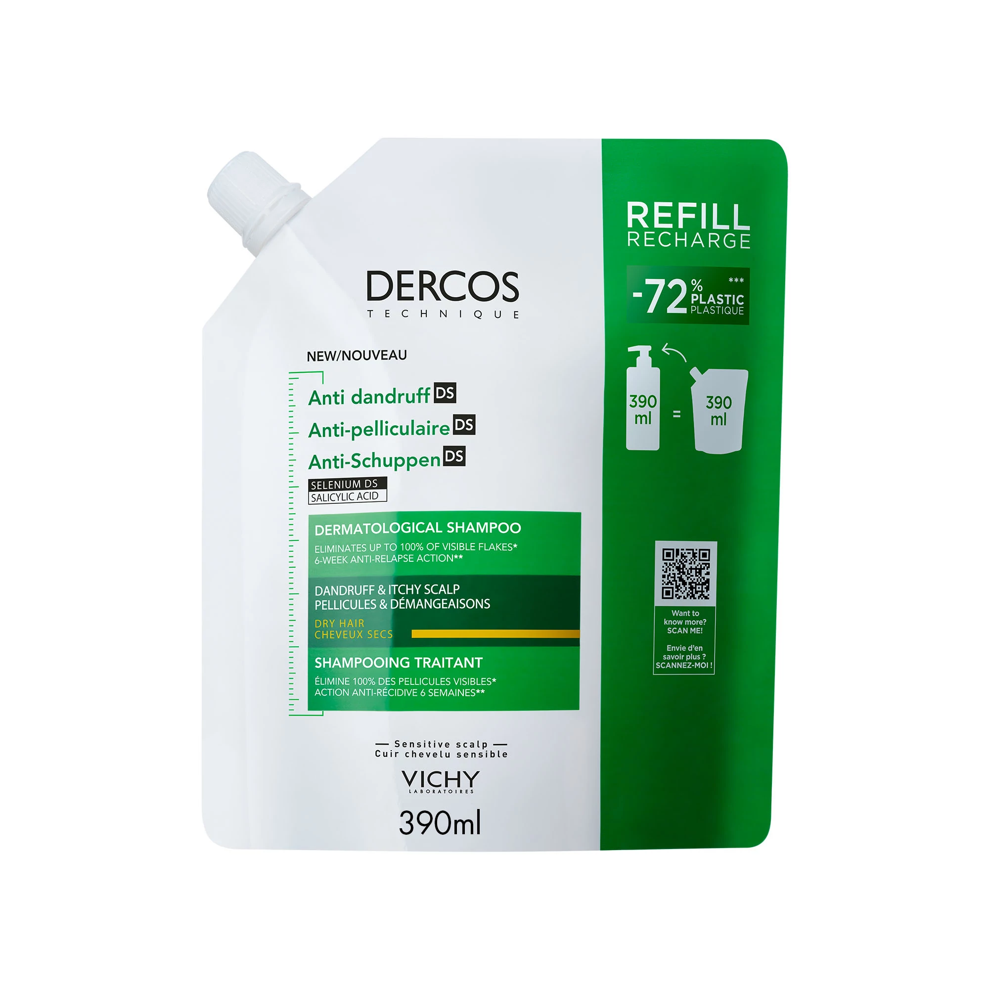 VICHY Dercos Korpásodás Elleni Sampon Száraz Hajra (390ml) UTÁNTÖLTŐ 