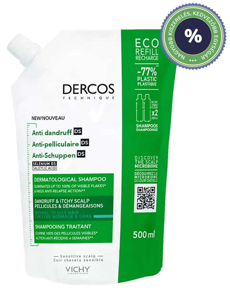 VICHY Dercos Sampon Korpásodás Ellen Normál, Zsíros Hajra Utántöltő (500ml)