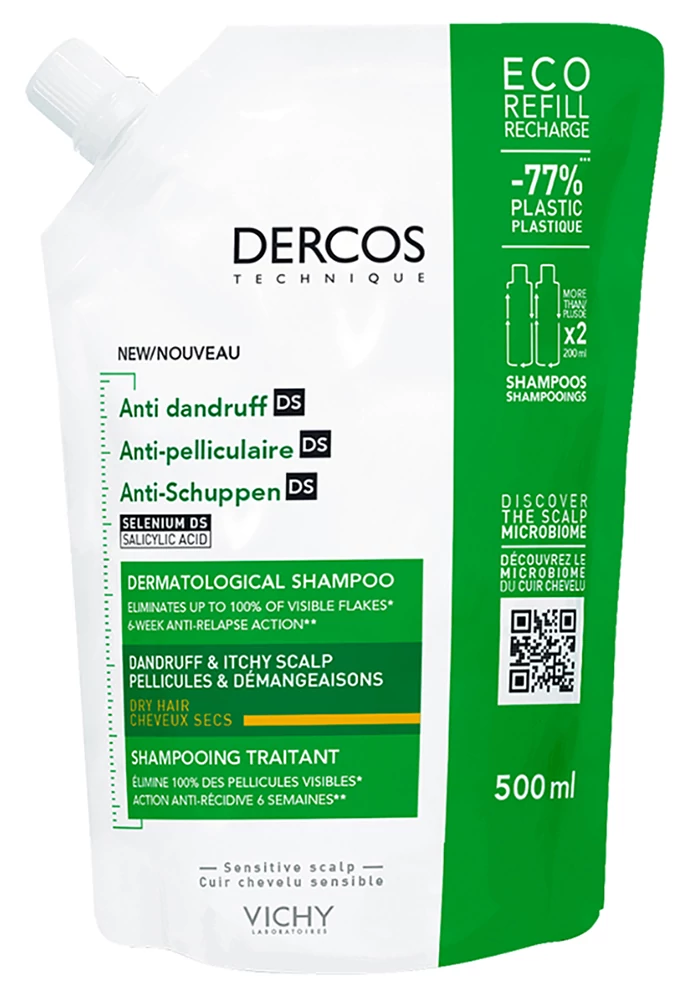 VICHY Dercos Sampon Korpásodás Elleni, Száraz Hajra Utántöltő (500ml)